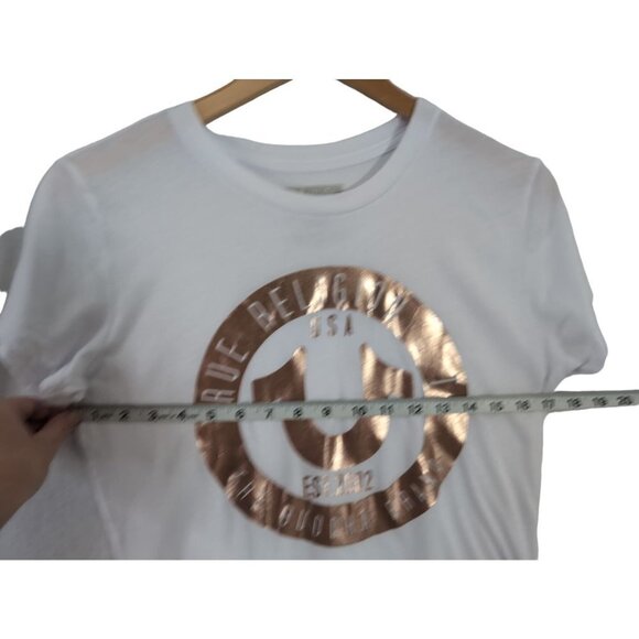 True Religion T-Shirt Womens Medium White Short Sleeve Metallic Foil Logo - Picture 8 of 8